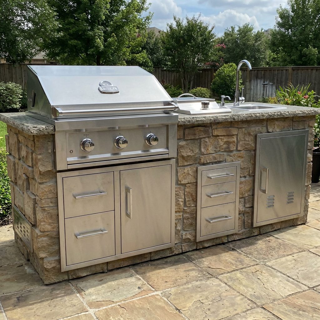 Compact stone island — Smaller island with grill, sink, drawers, and a trash door.