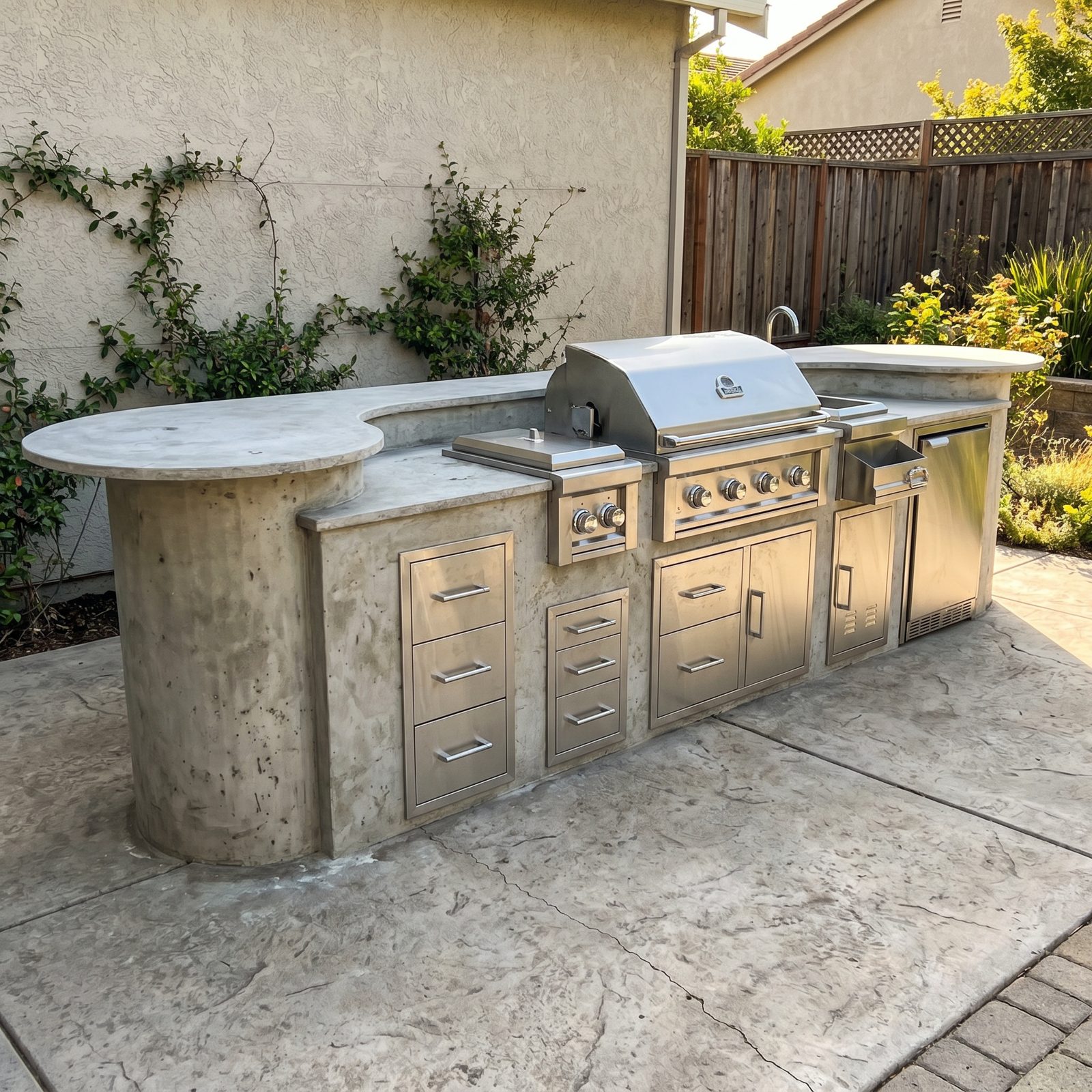 Concrete bar island — Cast-concrete L with a round bar overhang, drawers, and grill.