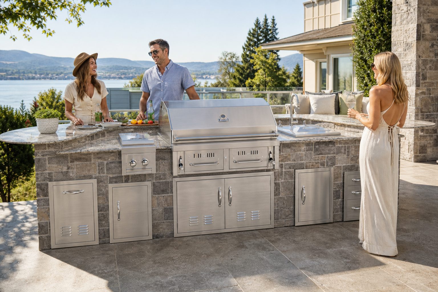 Entertaining on the water — Full masonry island with matching doors, drawers, and grill jacket.