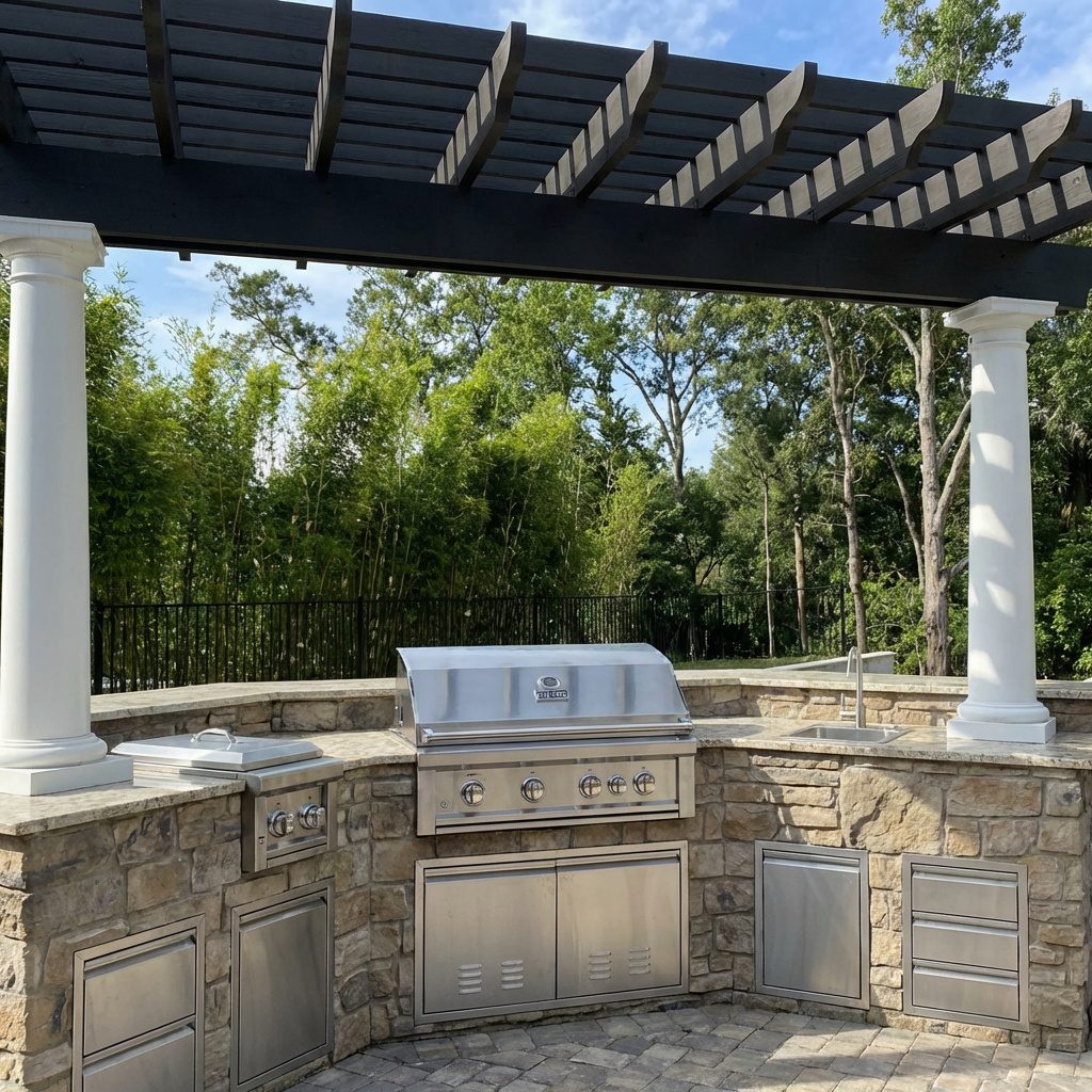 Under the pergola — Curved stone kitchen framed by columns and an open-air roof.