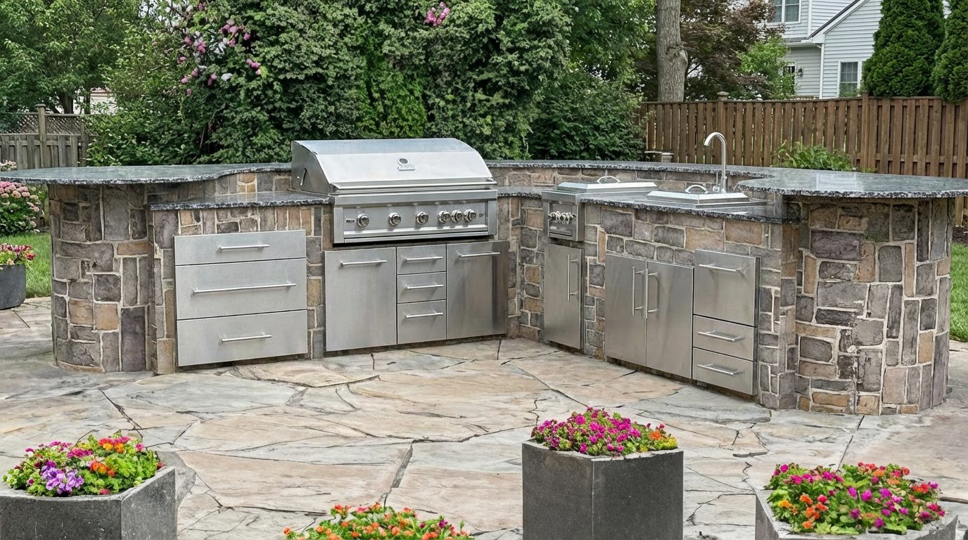 Garden L-shape — Wraparound stone kitchen with grill, doors, drawers, and sink.