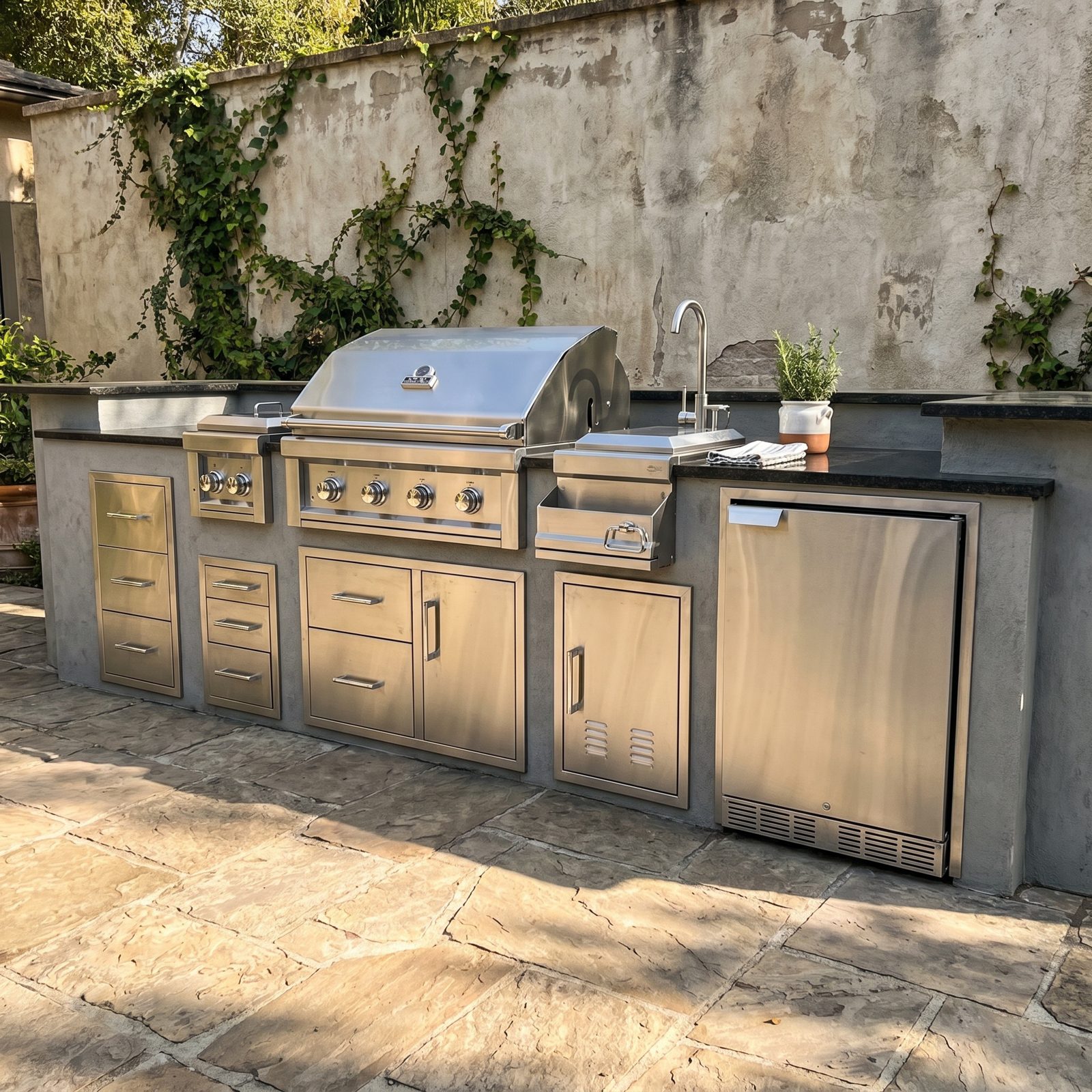 Stucco wall kitchen — Straight run with fridge, drawers, and a side burner in a plaster wall.