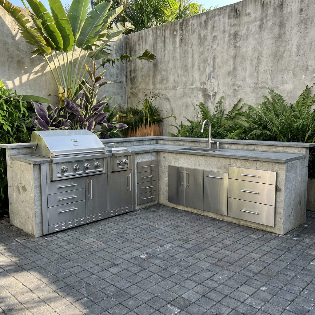 Tropical courtyard — L-shape run with grill, drawers, and a prep sink against a garden wall.