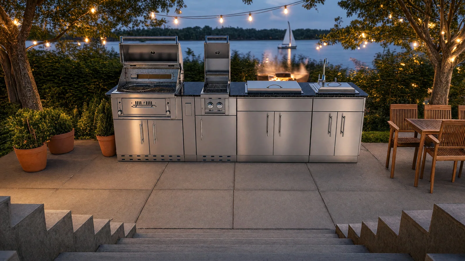 Ruby grill built into a stainless island at dusk